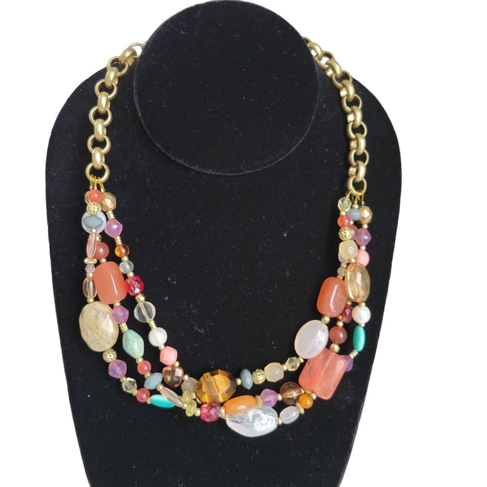 Lia Sophia Mandalay Bay Necklace Gold Tone Tiger Eye Quartz Stones Gems Layered